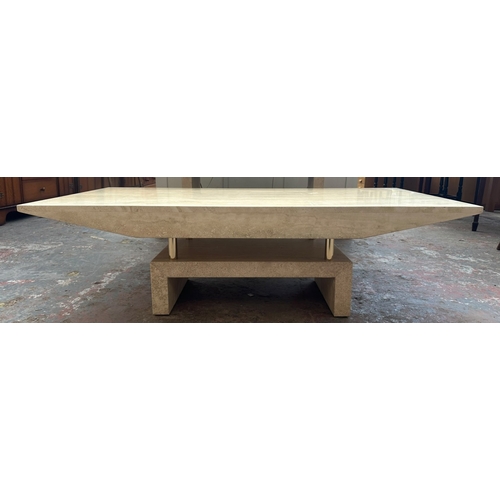 162 - A travertine and gilt metal rectangular coffee table - approx. 40cm high x 70cm wide x 140cm long