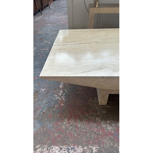 162 - A travertine and gilt metal rectangular coffee table - approx. 40cm high x 70cm wide x 140cm long