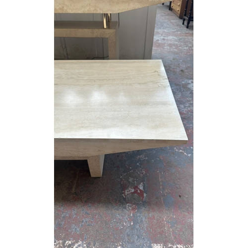 162 - A travertine and gilt metal rectangular coffee table - approx. 40cm high x 70cm wide x 140cm long