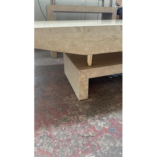 162 - A travertine and gilt metal rectangular coffee table - approx. 40cm high x 70cm wide x 140cm long