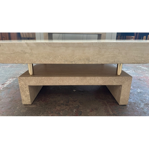 162 - A travertine and gilt metal rectangular coffee table - approx. 40cm high x 70cm wide x 140cm long