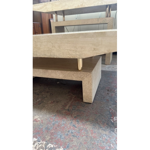 162 - A travertine and gilt metal rectangular coffee table - approx. 40cm high x 70cm wide x 140cm long