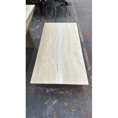 162 - A travertine and gilt metal rectangular coffee table - approx. 40cm high x 70cm wide x 140cm long