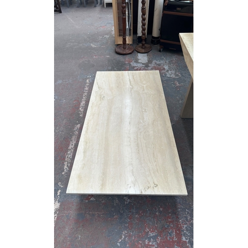 162 - A travertine and gilt metal rectangular coffee table - approx. 40cm high x 70cm wide x 140cm long