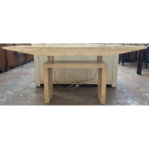 163 - A travertine and gilt metal console table - approx. 75cm high x 160cm wide x 50cm deep