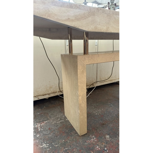 163 - A travertine and gilt metal console table - approx. 75cm high x 160cm wide x 50cm deep