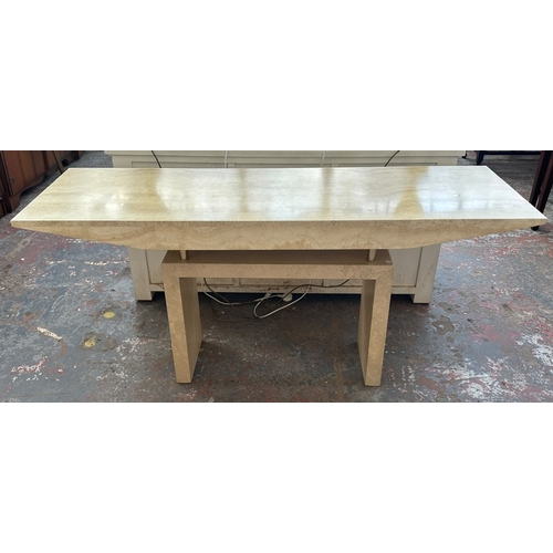 163 - A travertine and gilt metal console table - approx. 75cm high x 160cm wide x 50cm deep