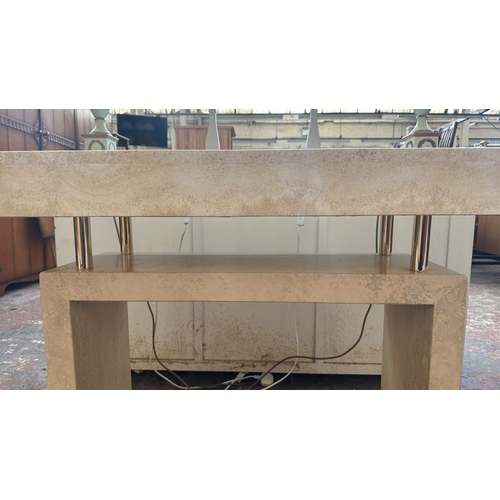 163 - A travertine and gilt metal console table - approx. 75cm high x 160cm wide x 50cm deep