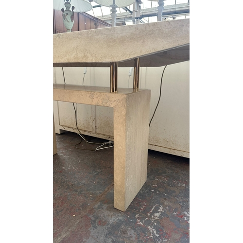 163 - A travertine and gilt metal console table - approx. 75cm high x 160cm wide x 50cm deep
