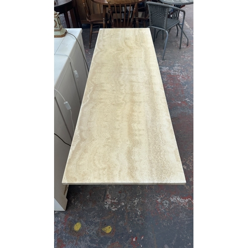 163 - A travertine and gilt metal console table - approx. 75cm high x 160cm wide x 50cm deep