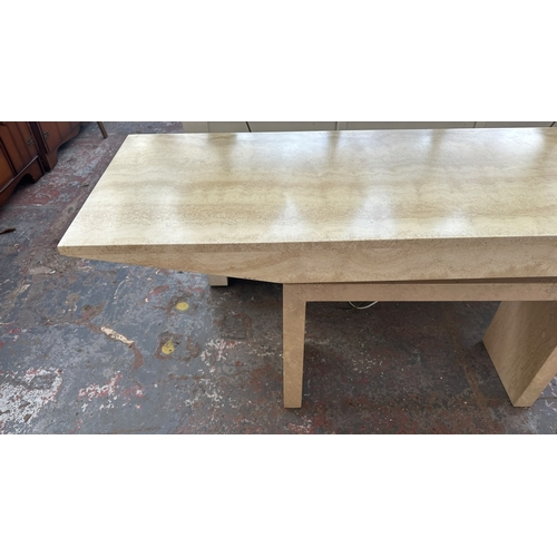 163 - A travertine and gilt metal console table - approx. 75cm high x 160cm wide x 50cm deep