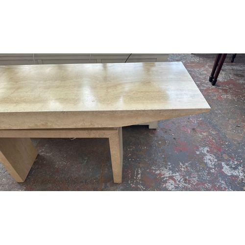 163 - A travertine and gilt metal console table - approx. 75cm high x 160cm wide x 50cm deep