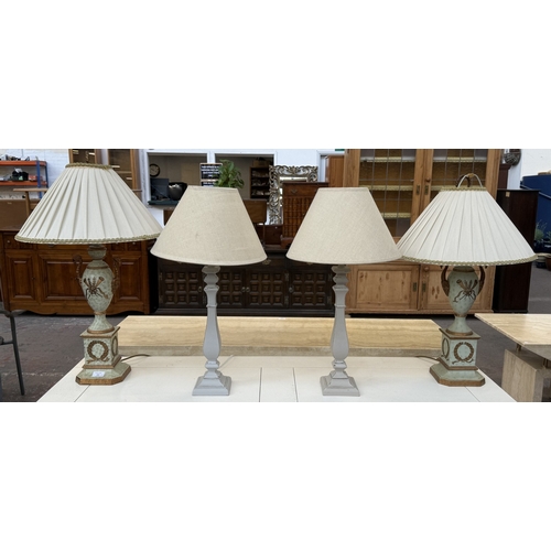 164 - Four modern table lamps, two grey painted wooden and two hand-painted metal - largest approx. 77cm h... 