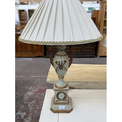 164 - Four modern table lamps, two grey painted wooden and two hand-painted metal - largest approx. 77cm h... 