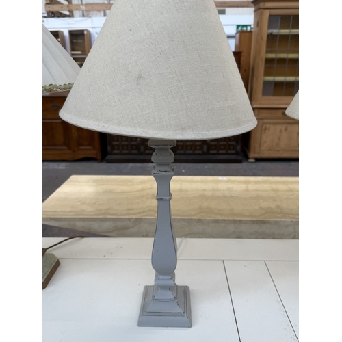 164 - Four modern table lamps, two grey painted wooden and two hand-painted metal - largest approx. 77cm h... 