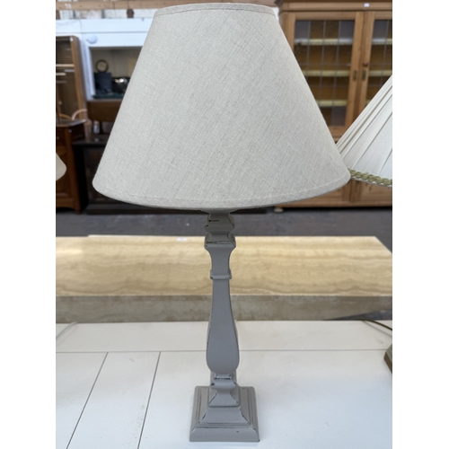 164 - Four modern table lamps, two grey painted wooden and two hand-painted metal - largest approx. 77cm h... 