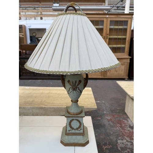 164 - Four modern table lamps, two grey painted wooden and two hand-painted metal - largest approx. 77cm h... 