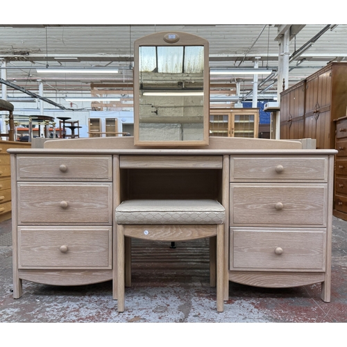 172 - A 1990s Stag Summer Oak limed oak dressing table with mirror and stool - approx. 142cm high x 158cm ... 
