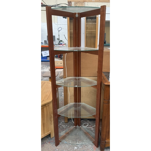 98 - A modern cherry wood and glass five tier corner shelving unit - approx. 172cm high x 58cm wide x 42c... 
