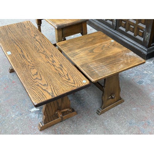 175 - Three oak occasional tables, one 17th century style, one drop-leaf swivel top, and one rectangular -... 