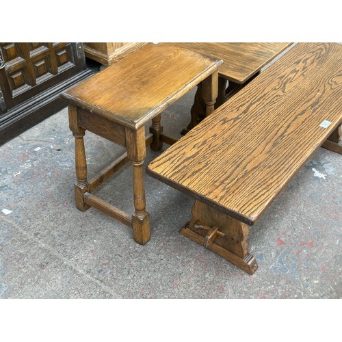 175 - Three oak occasional tables, one 17th century style, one drop-leaf swivel top, and one rectangular -... 