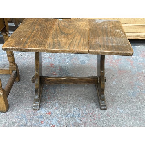 175 - Three oak occasional tables, one 17th century style, one drop-leaf swivel top, and one rectangular -... 