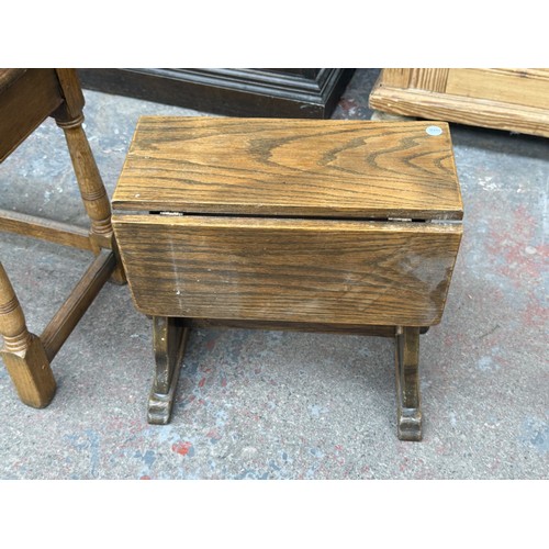 175 - Three oak occasional tables, one 17th century style, one drop-leaf swivel top, and one rectangular -... 