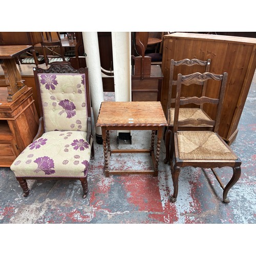 174 - Four pieces of furniture, one early 20th century oak piecrust edge barley twist side table, two Fren... 