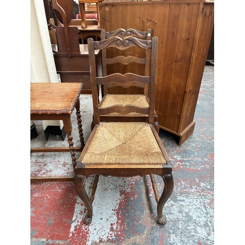 174 - Four pieces of furniture, one early 20th century oak piecrust edge barley twist side table, two Fren... 