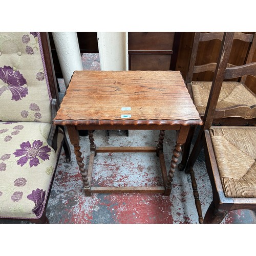 174 - Four pieces of furniture, one early 20th century oak piecrust edge barley twist side table, two Fren... 