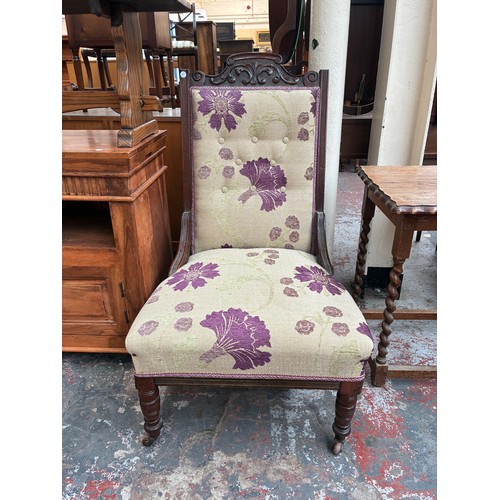 174 - Four pieces of furniture, one early 20th century oak piecrust edge barley twist side table, two Fren... 