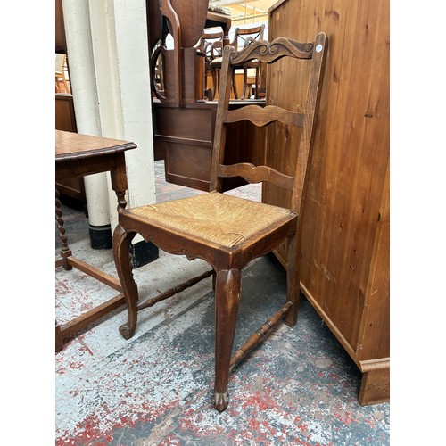 174 - Four pieces of furniture, one early 20th century oak piecrust edge barley twist side table, two Fren... 