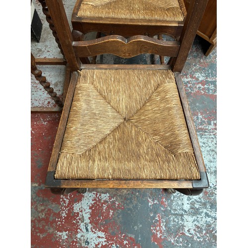 174 - Four pieces of furniture, one early 20th century oak piecrust edge barley twist side table, two Fren... 