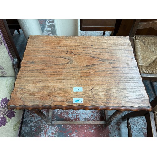 174 - Four pieces of furniture, one early 20th century oak piecrust edge barley twist side table, two Fren... 