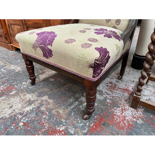 174 - Four pieces of furniture, one early 20th century oak piecrust edge barley twist side table, two Fren... 