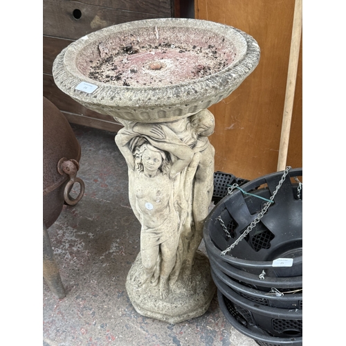 24 - A 19th century style cast stone bird bath with Three Graces design - approx. 77cm high x 41cm diamet... 