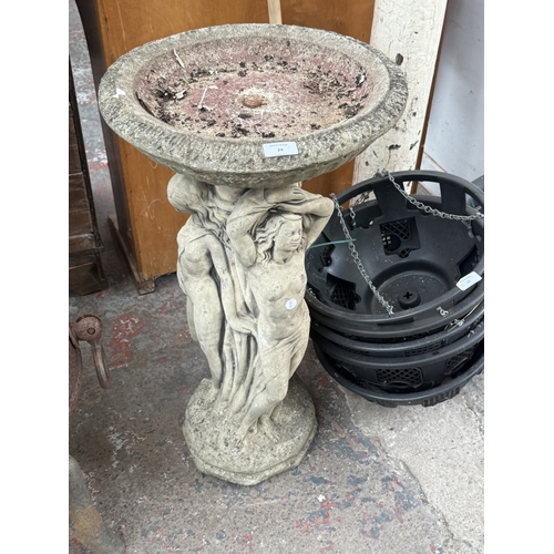 24 - A 19th century style cast stone bird bath with Three Graces design - approx. 77cm high x 41cm diamet... 