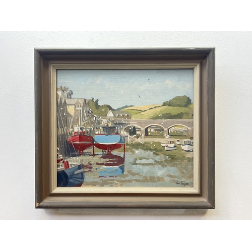 A 20th century Ian Cooper oil on board depicting a West Country harbour ...