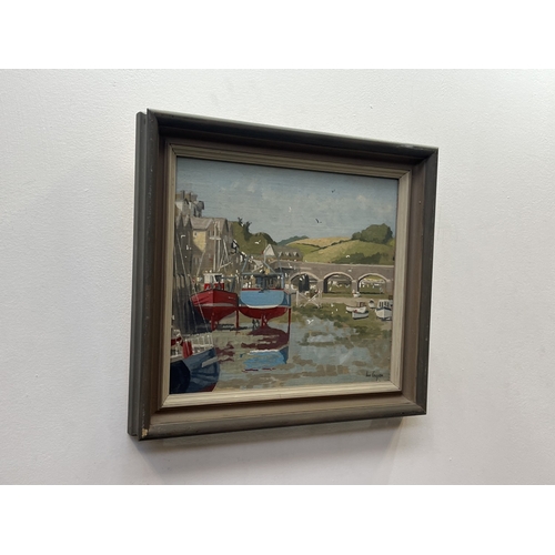 A 20th century Ian Cooper oil on board depicting a West Country harbour ...