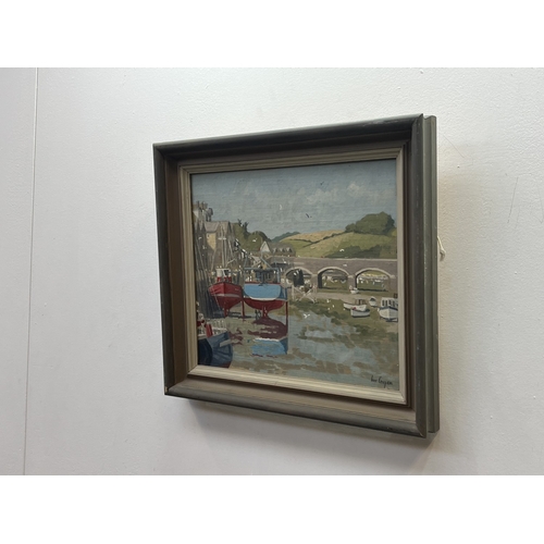 A 20th century Ian Cooper oil on board depicting a West Country harbour ...