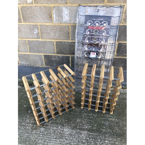 134 - Two traditional wooden wine racks together with a unused modern metal wine rack