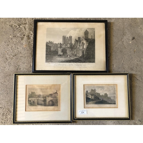 224 - Three coloured engravings: Sandwich, Dover Castle and one other