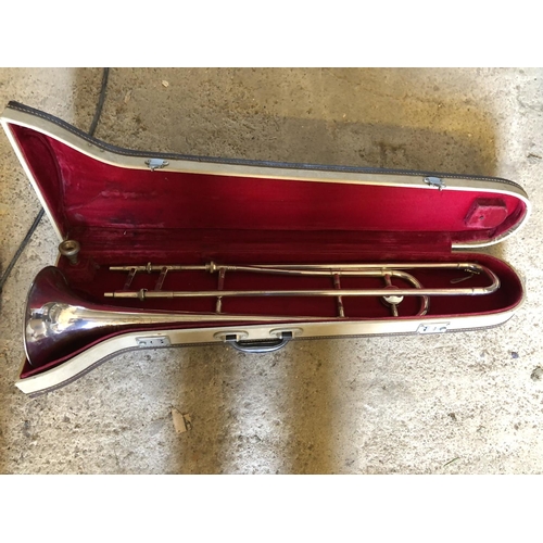 230 - Cased Silver plated trombone & mouthpiece by Skylark from China