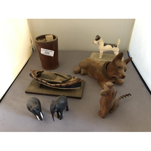 257 - Cased manicure set, Johnnie Walker dice set & shaker, model lifeboat, 3 dogs & 2 elephant figures