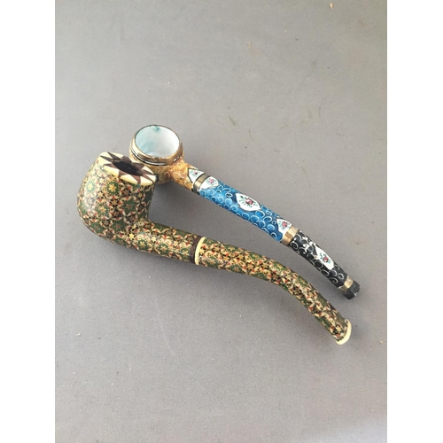 437 - Iranian bone inlaid pipe together with coloured enamel pipe