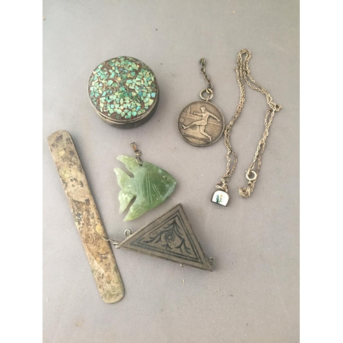 439 - Jade medallion and five small white metal items