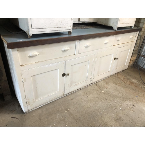 53 - A large painted pine country house dresser, three drawers over 2 cupboards 225cm x 78cm x 88cm