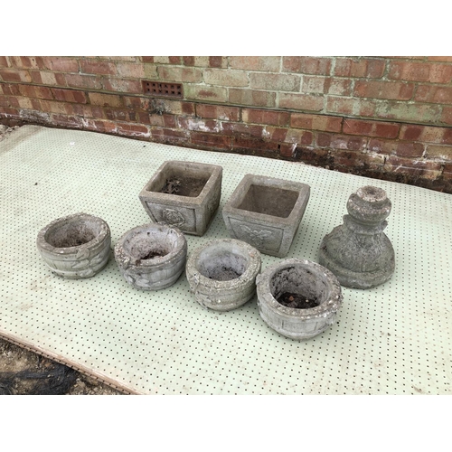 60 - Set of four small concrete planters, together with a pair of square pots and a pedestal