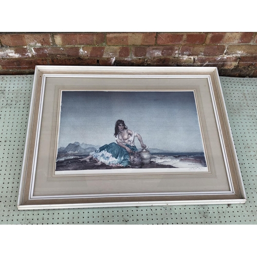 71 - SIR WILLIAM RUSSELL FLINT (1880-1969). Coastal scene with semi-nude, 'Sara', signed in pencil lower ... 