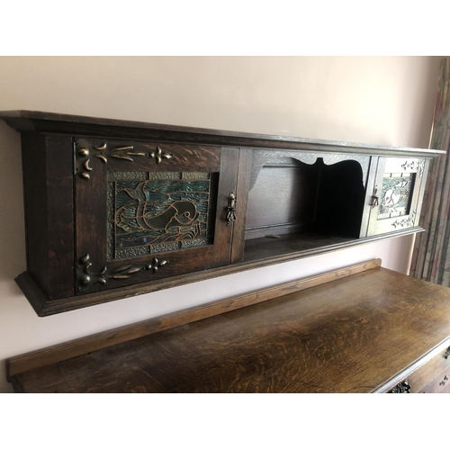 84 - A Large Art Nouveau Oak sideboard / dresser with stained glass floating top base size182cm x 60cm x ... 